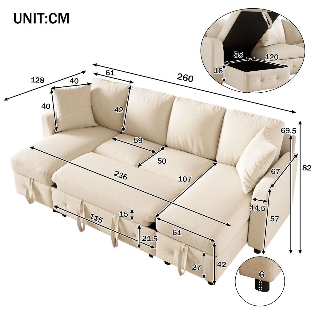 Divano letto a U in chenille beige con funzione estraibile, 2 chaise longue contenitore, USB e Type-C, 260¡Á128¡Á82 cm