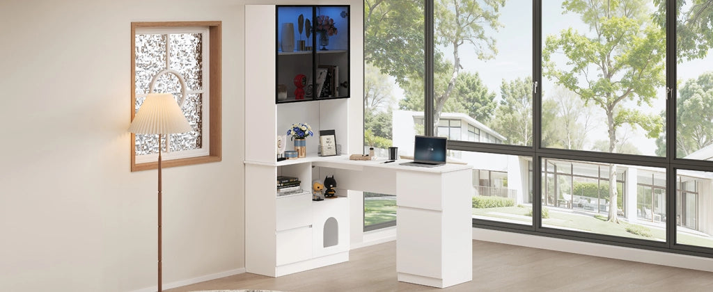 Scrivania angolare con libreria e vetrina LED, 3 cassetti, 2 porte e passacavi, per home office, 120 × 80 × 180 cm