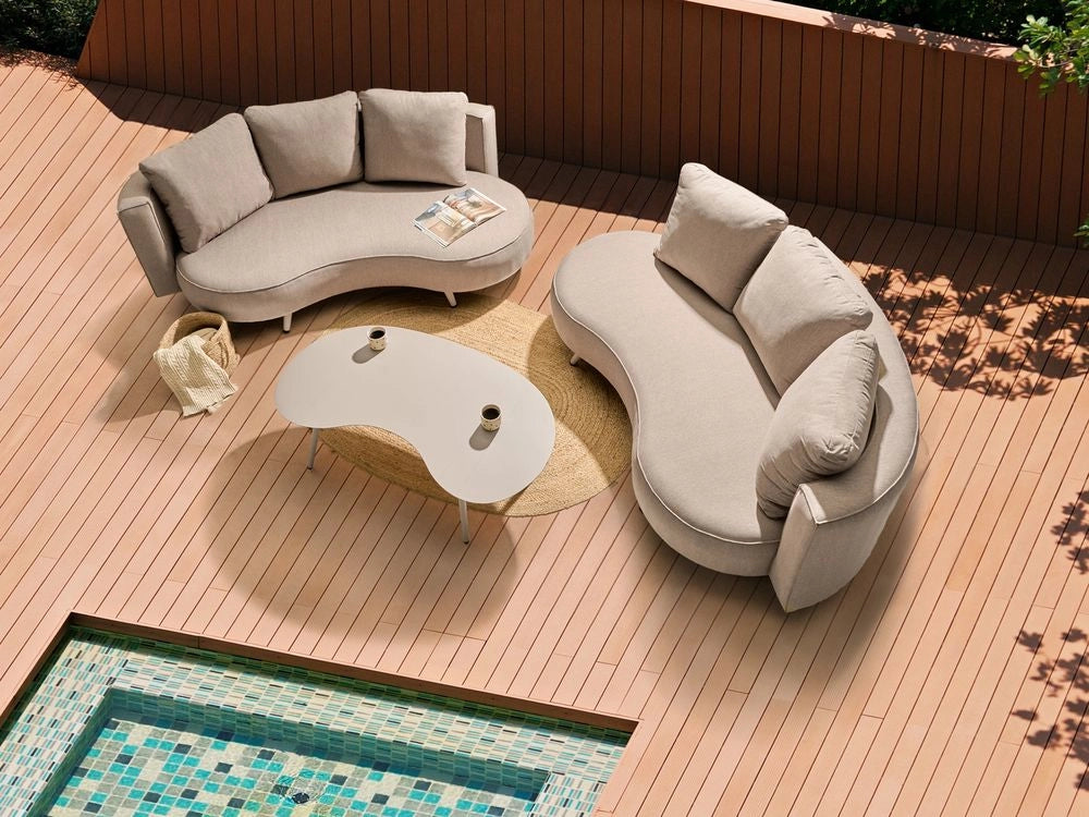Set divani da giardino a 6 posti Divani con cuscini e tavolino Rivestimento in olefina Alluminio Idrorepellente Resistente ai raggi UV A forma di rene Beige