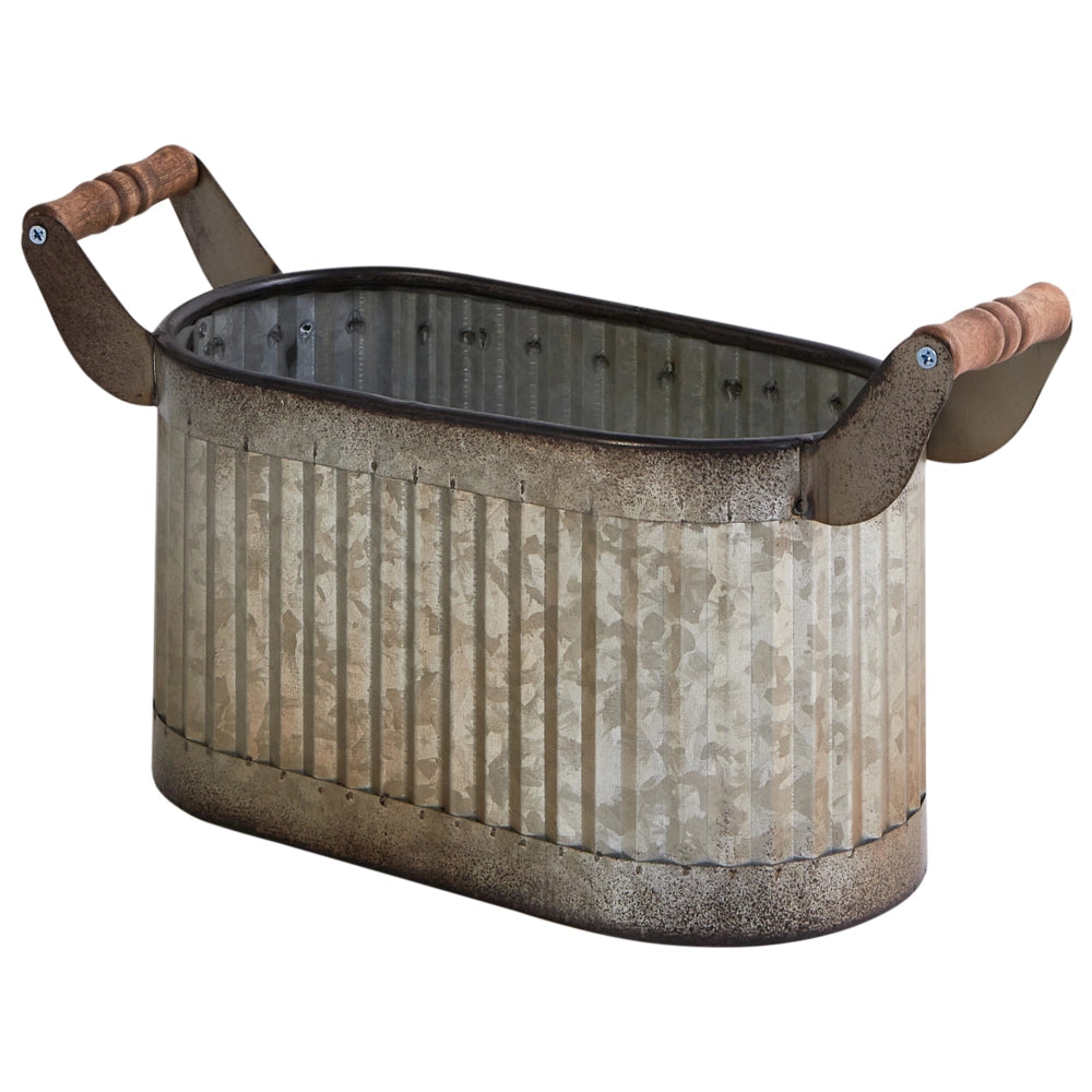 Set di 2 vasi per piante Grigio Effetto Distressed Ferro Manici in legno per interni e per esterni con plastica Stile Industriale