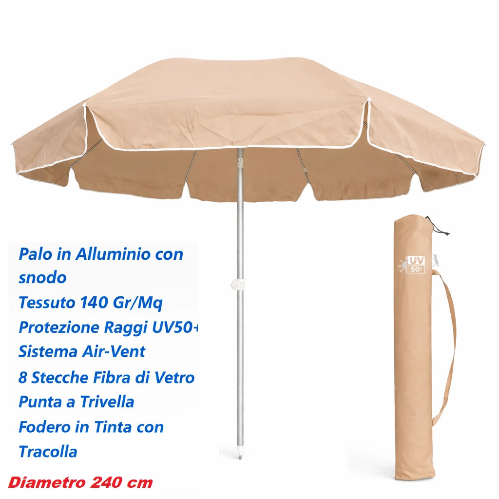 Ombrellone Mare Spiaggia 240 cm Antivento Alluminio UV50+ Inclinabile con Custodia e Trivella