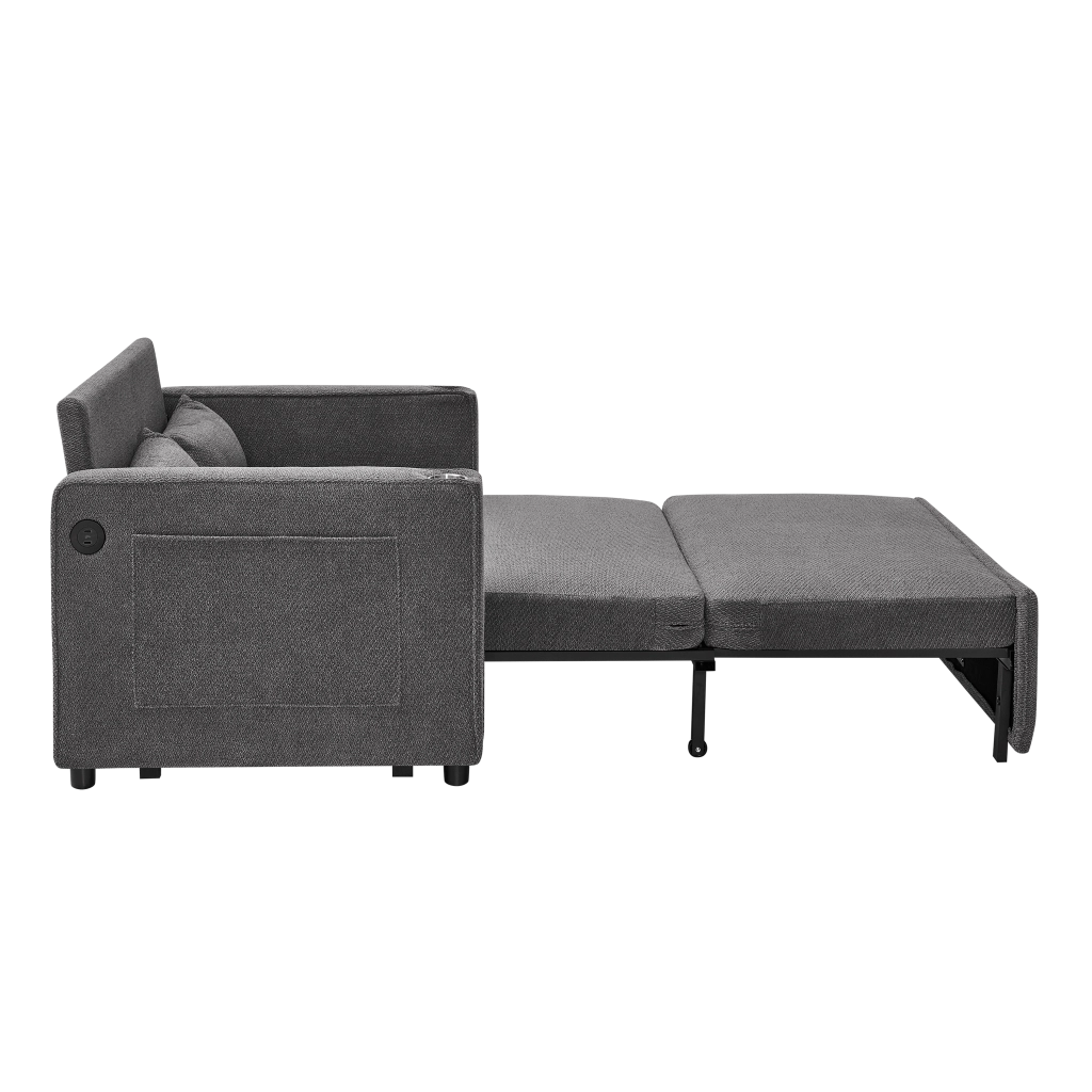 Divano letto 3 in 1 con sistema scorrevole e porte USB in legno e tessuto grigio scuro 195 × 134 × 73 cm
