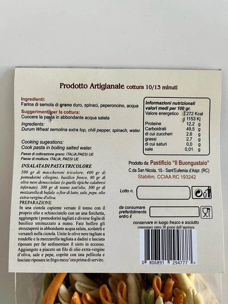 Pasta di semola di grano duro, 6 confezioni da gr 500, Maccheroni Tricolore