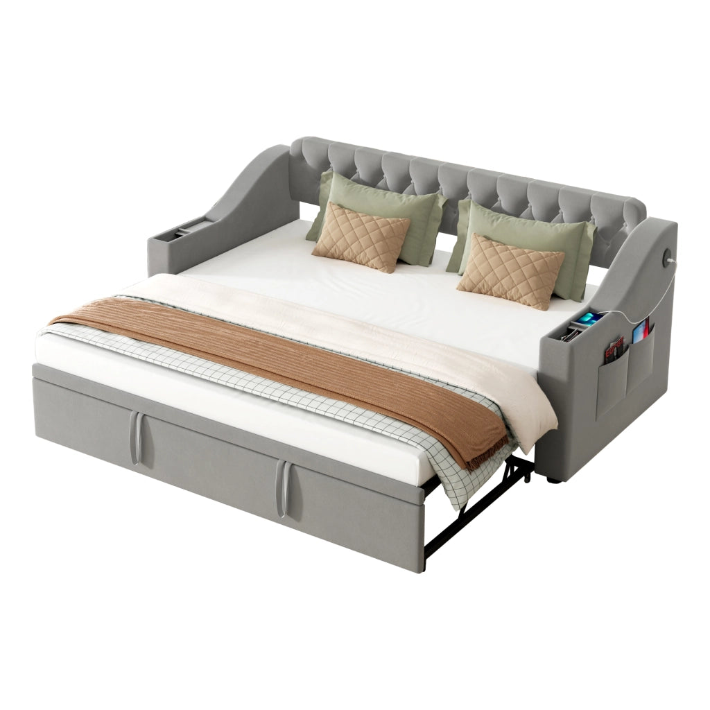 Divano letto imbottito estraibile 90x190 cm con rete a doghe, tessuto velluto, grigio