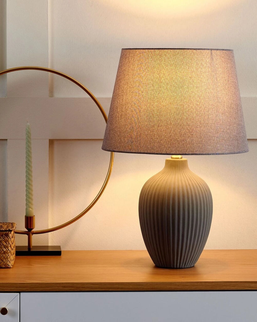 Lampada da Tavolo in Ceramica Grigia 52 cm Paralume Impero Comodino Soggiorno Camera da Letto Illuminazione Stile Retrò