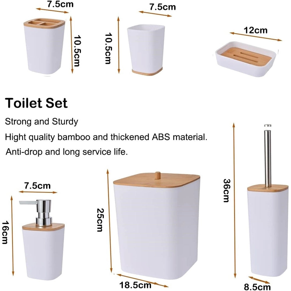 Trade Shop - Set Accessori Bagno In Bambù 6 Pz Moderno Bidone Spazzatura Portasapone Dispenser - Bianco