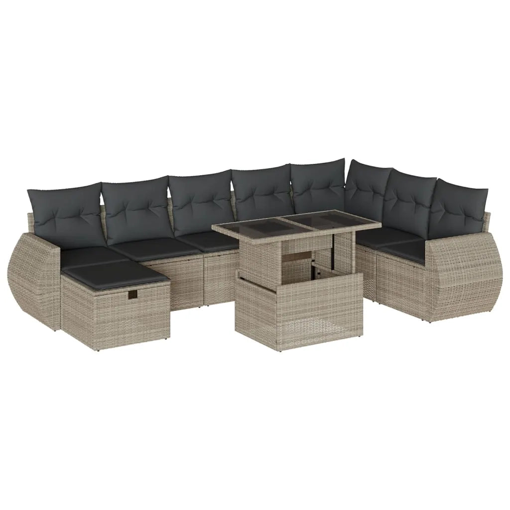 Set Divano da Giardino 9pz con Cuscini Grigio Chiaro Polyrattan