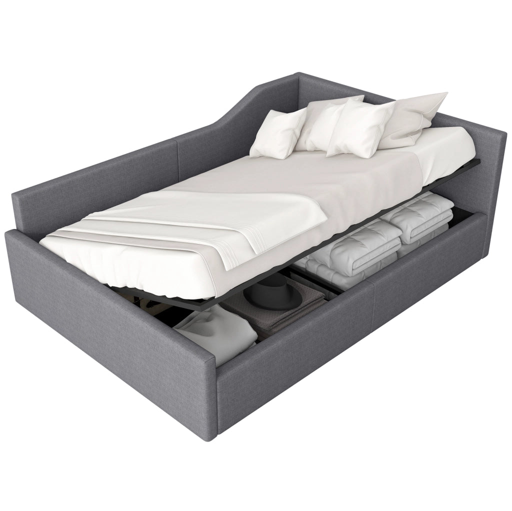 Divano letto con contenitore 140x200 cm in lino grigio; struttura imbottita moderna