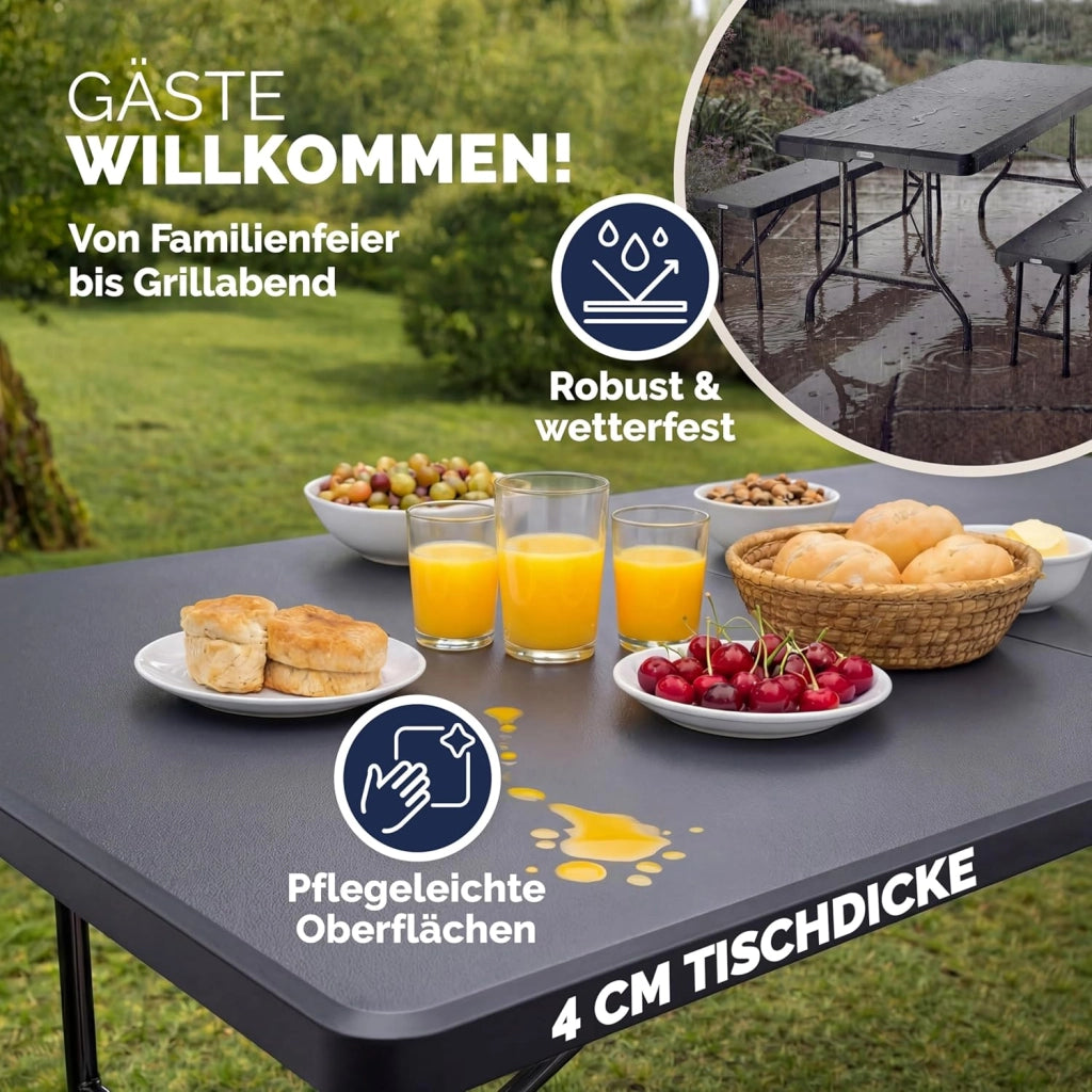 ® Set da Birreria Pieghevole in Plastica con Maniglia Tavolo 2x Panca 3 Pezzi 180cm Campeggio Giardino Sagra