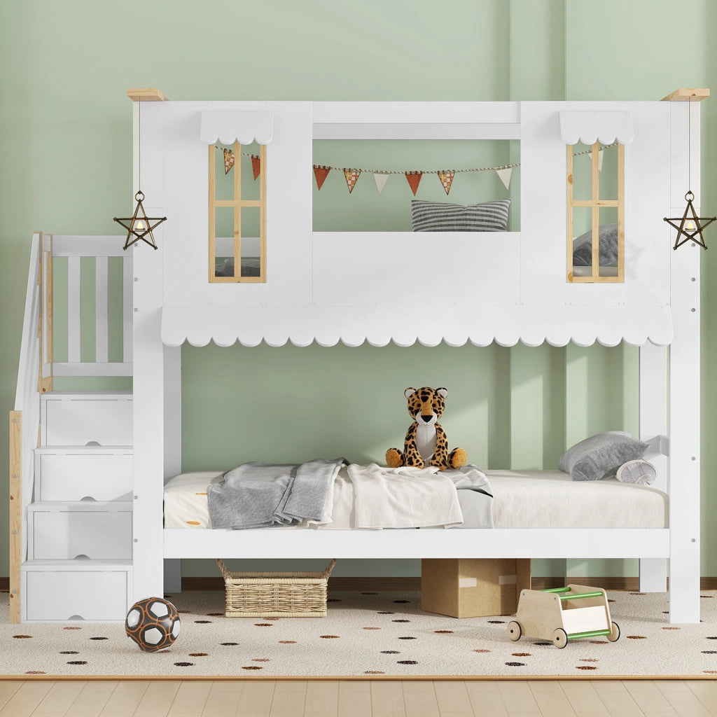 Letto a Castello 90x200 cm; con Scala Contenitore; Finestre e Tetto - Bianco Naturale