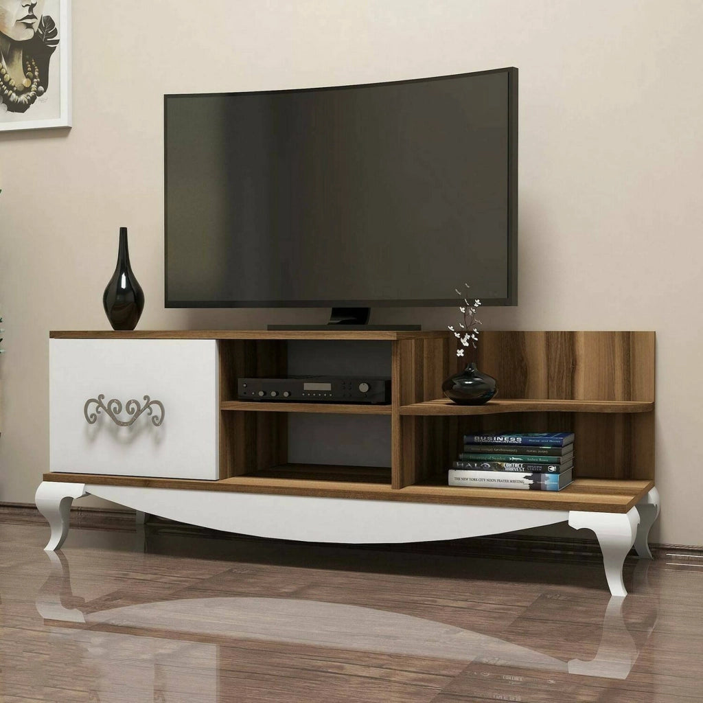 Mobile porta TV Assolo, Credenza da soggiorno, Armadio basso per TV, Base parete attrezzata, 130x45h51 cm, Noce e Bianco