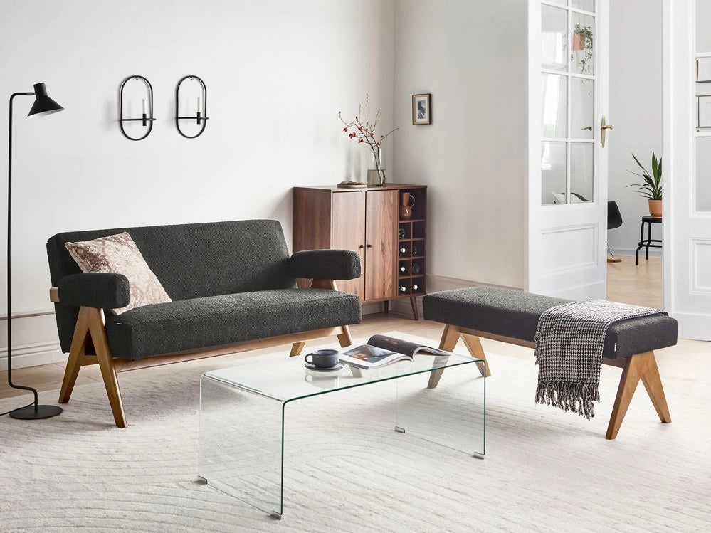 Set di divani Nero e marrone scuro Divano a 2 posti Panca Boucle Rivestimento Retro Design Gambe di legno Soggiorno