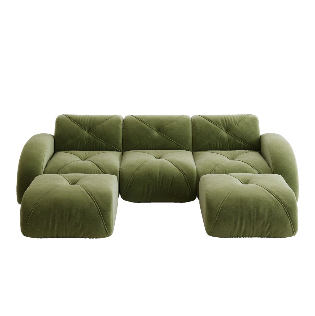 Divano modulare a U 3 posti con 2 pouf in ciniglia verde HOMVRA