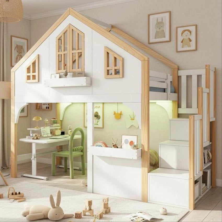 Letto a soppalco per bambini 90x200 cm in legno di pino e MDF; bianco; con LED e scala contenitore