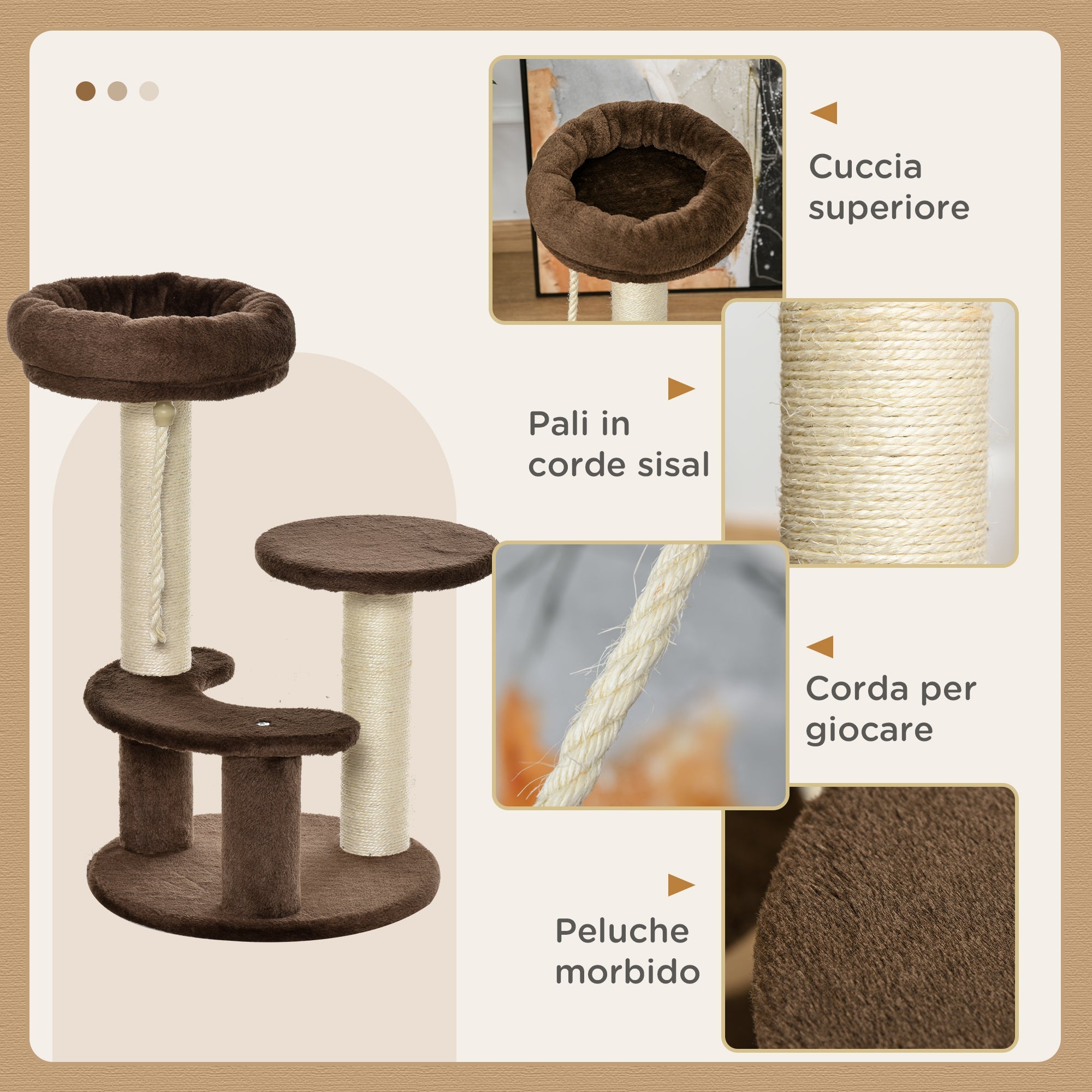 Tiragraffi per Gatti Albero a 3 Livelli Ø40x65 cm in Peluche e Sisal Marrone