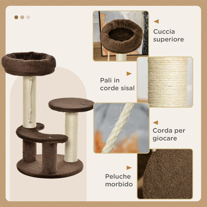Tiragraffi per Gatti Albero a 3 Livelli Ø40x65 cm in Peluche e Sisal Marrone