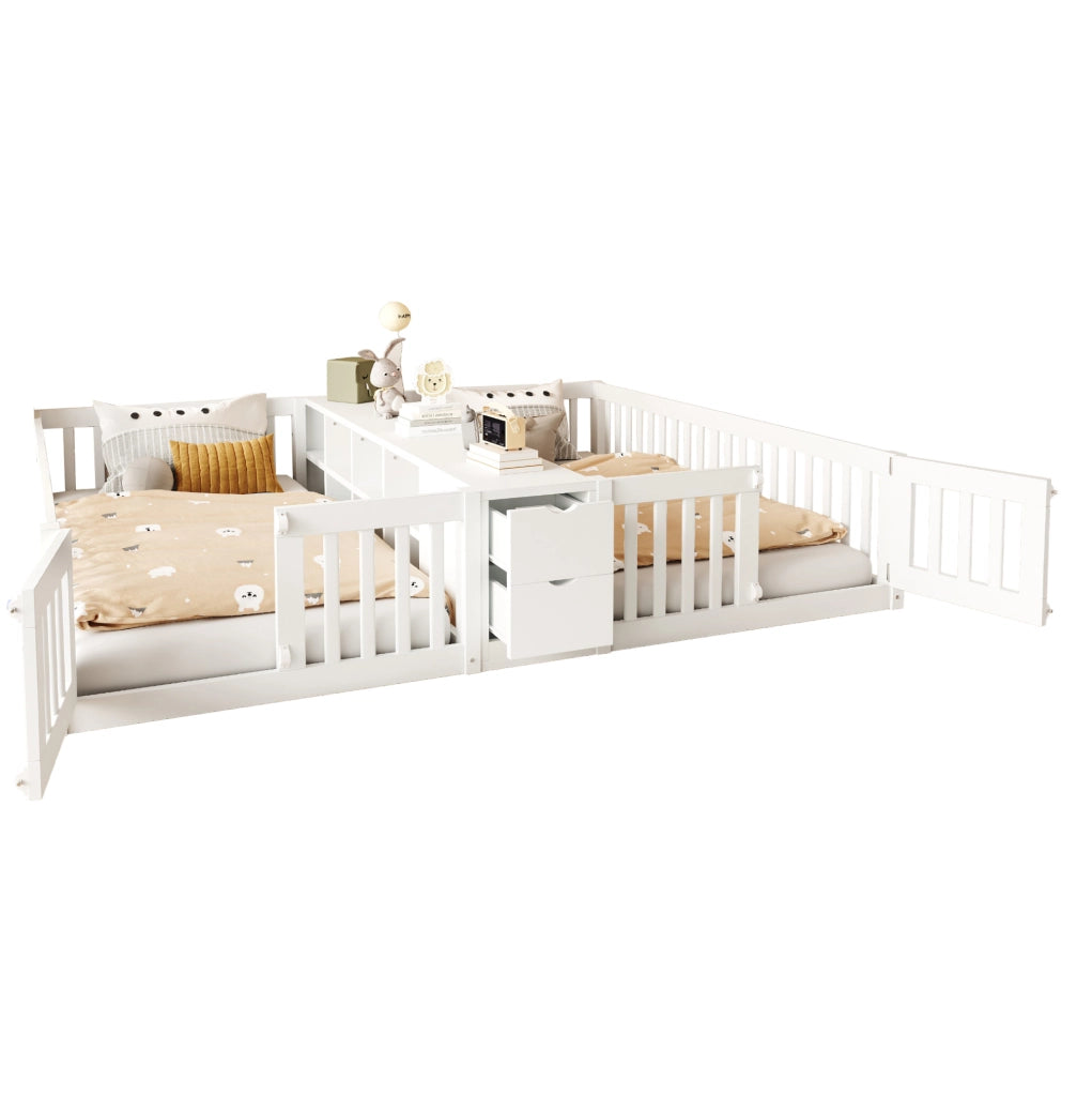 Letto doppio per bambini ULEVR 2x90x200 cm con 2 cassetti, ripiani centrali e sponde alte, bianco