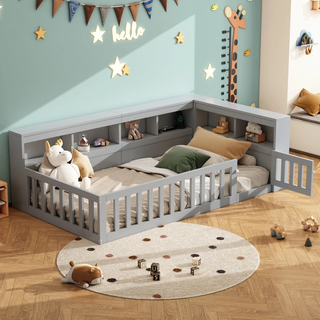 Letto singolo 90x200 cm con USB, presa e vano contenitore grigio