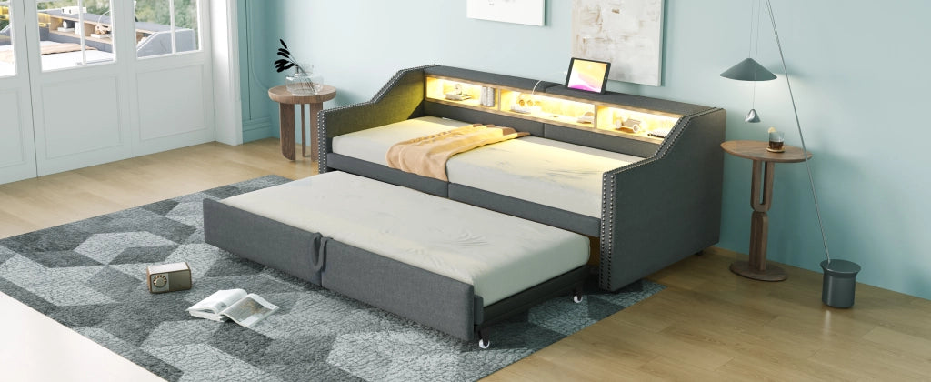 DESMIU Lit divano 90 × 200 cm et 180 × 200 cm 2 posti con ripiani, LED, USB, senza materasso, in lino, grigio scuro