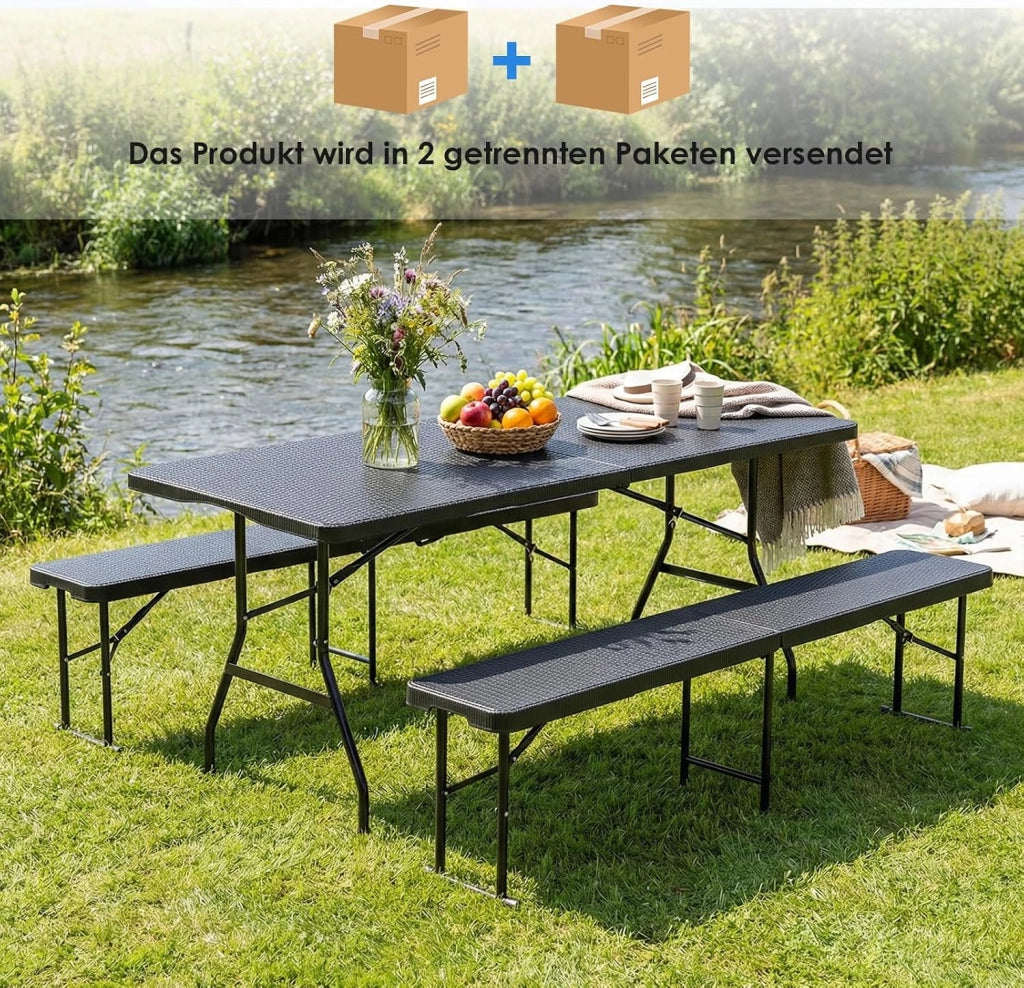 Set Tenda da Birra da 3 Pezzi 180cm in Plastica HDPE, Set di Mobili da Giardino 1 Tavolo e 2 pcs Panche Pieghevoli, Set Birreria con Manico di Trasporto, per Campeggio Picnic Esterno, Ottica in Rattan
