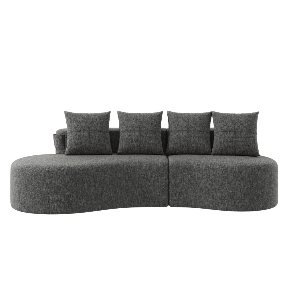 Divano in tessuto effetto lino 240 cm con 4 cuscini; portabicchieri e tasche laterali; grigio scuro