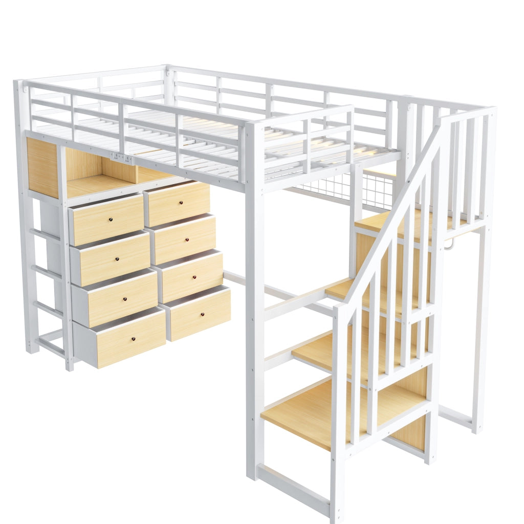 Letto a soppalco 90x200 cm con 8 cassetti e LED in MDF e metallo bianco