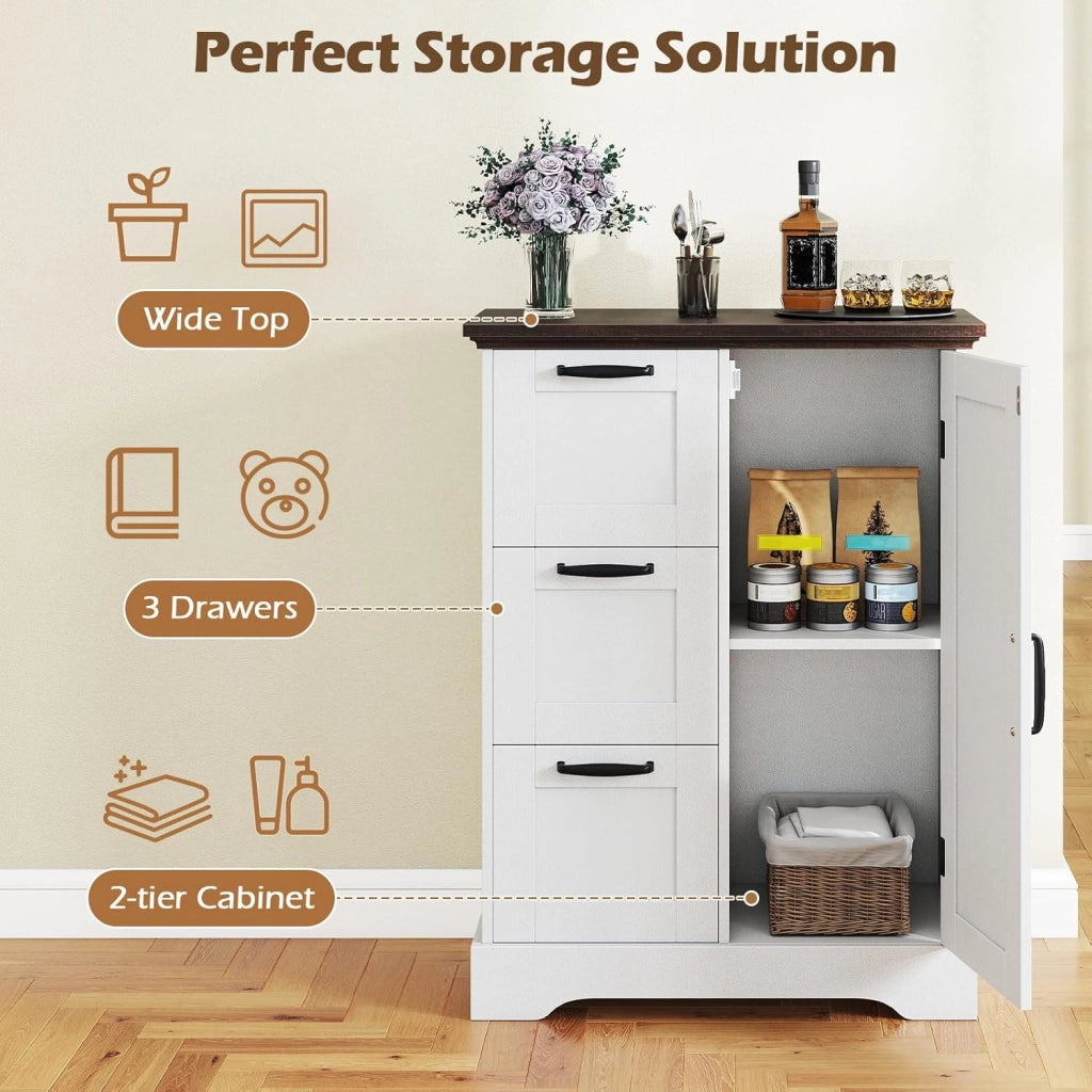Mobiletto da Pavimento in Legno, Organizzatore per Conservazione Rustico con Porta da Fienile e 3 Cassetti, Buffet Laterale Autonomo per Cucina, Soggiorno, Sala da Pranzo (Bianco)