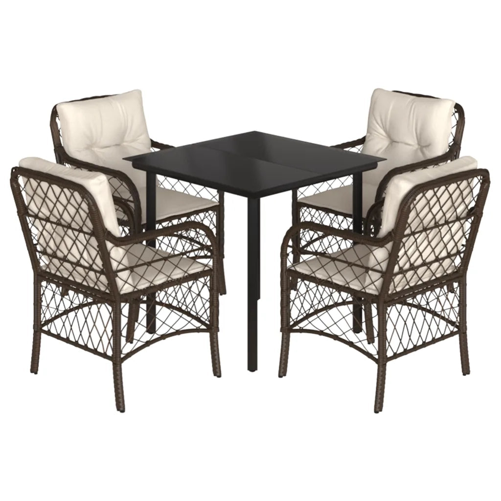 Set da Pranzo da Giardino 5pz con Cuscini in Polyrattan Marrone