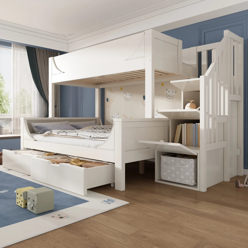 Letto a castello con scala e cassetti 90x200/140x200 cm; bianco; in legno e MDF