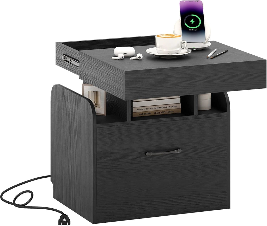 Comodino con Stazione di Ricarica, Comodino Moderno con 2 Cassetti Portaoggetti e 3 Scomparti Aperti, Piccolo Tavolino da Salotto, Camera da Letto e Dormitorio, Nero/Bianco (Bianco)