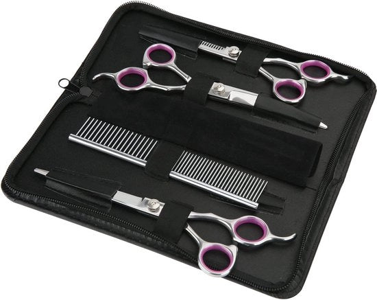 Set di taglio per animali domestici 4 pezzi in acciaio inossidabile per il taglio di cani, gatti e altri animali domestici - con forbice da 19 cm, forbice a lama dura, forbice curva, pet brush (standard)