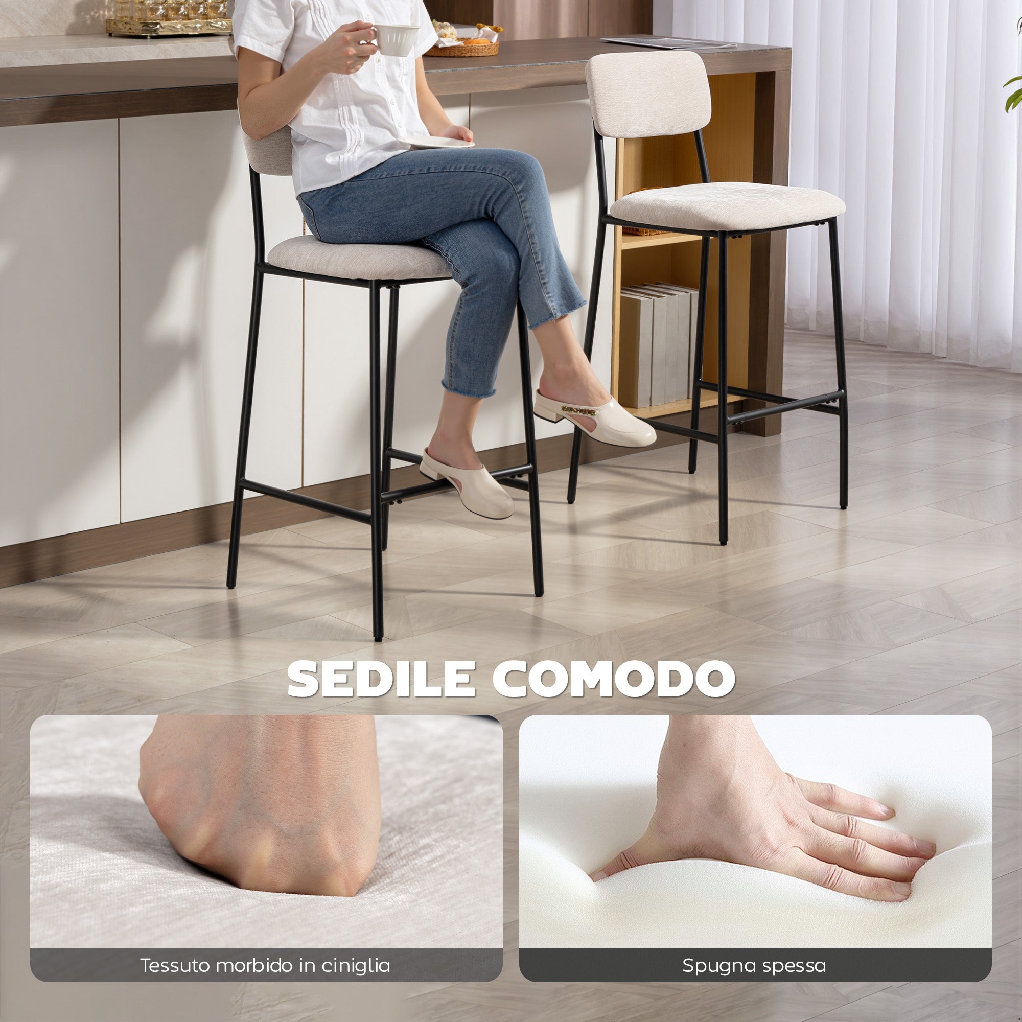 Set 2 Sgabelli da Bar con Schienale Alto Poggiapiedi e Rivestimento in Ciniglia Crema