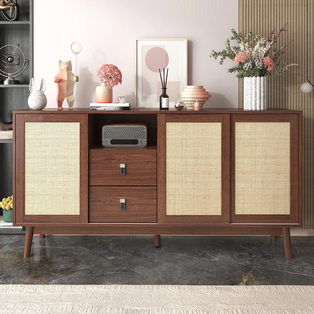 Buffet - Xylo - 155??38??80 cm - 3 Porte Ratan?? Scorrevoli 2 Cassetti