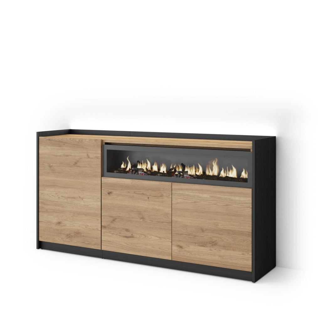 Credenza, Mobile, Cucina, 156x80x37 cm, 3 Porte, Camino elettrico, LED, Rovere e nero