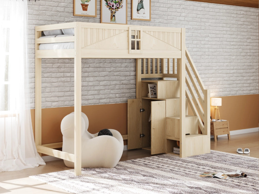 DESMIU Letto a soppalco 1 posto con contenitore, scala reversibile e finestra 90 × 200 cm, senza materasso