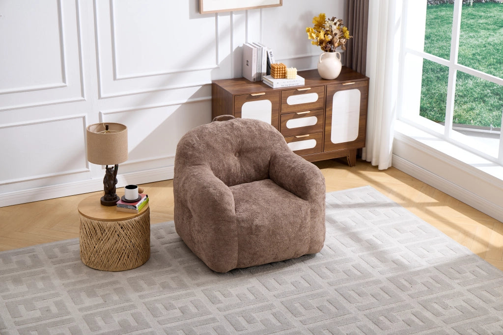 Pouf poltrona ergonomico con imbottitura in schiuma triturata e braccioli in pelliccia sintetica kaki