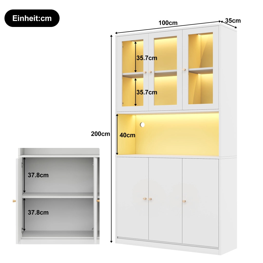 Libreria alta 100×35×200 cm con vetrina in vetro, LED multicolore, vani aperti e 3 ante, bianco