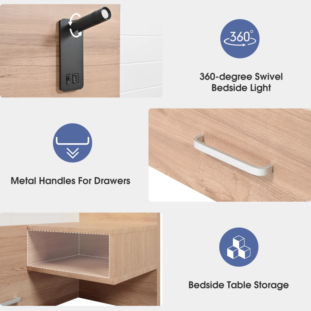 OKWISH Letto Matrimoniale con 2 Comodini, 2 Cassetti, Testiera con Lampada da Lettura Girevole e USB, Legno Massello e MDF, Bianco