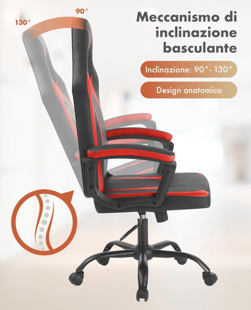 Sedia Gaming Adulto Professionale SimilPelle Reclinabile Con Braccioli Poltrona Ufficio Regolabile in Altezza Pistone Gas Gamer Portata 150 Kg Rosso
