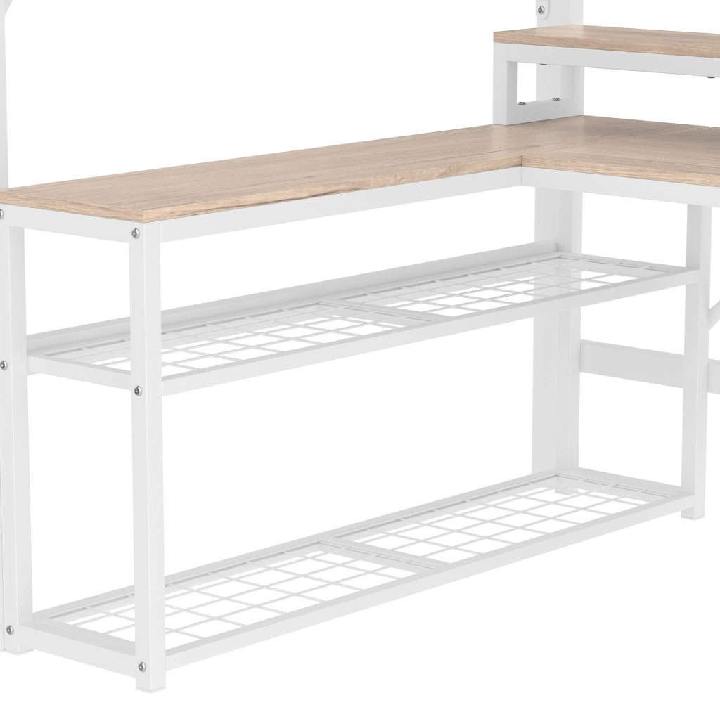 Letto a soppalco 140x200 cm con scrivania; LED e USB in metallo e MDF bianco HOMVRA