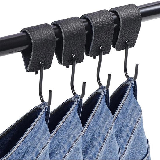 S-haken 8 pezzi in nero, con laccio in pelle per appendere abiti, per armadio, cucina, bagno