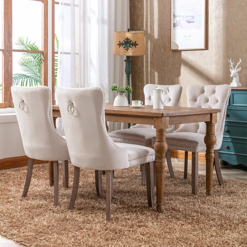 Sedie da Pranzo Imbottite in Velluto con Gambe in Legno ¨C MINIMAL ¨C Set 2 Pezzi, Beige