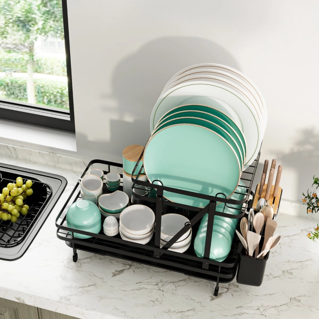 Set di scolapiatti e scolapasta pieghevole per cucina, Scolapiatti in metallo a 2 livelli con portautensili Nero