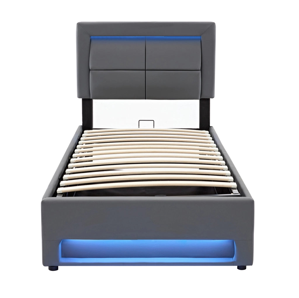 Letto imbottito 90x200 cm in PU grigio con USB; LED e contenitore; senza materasso
