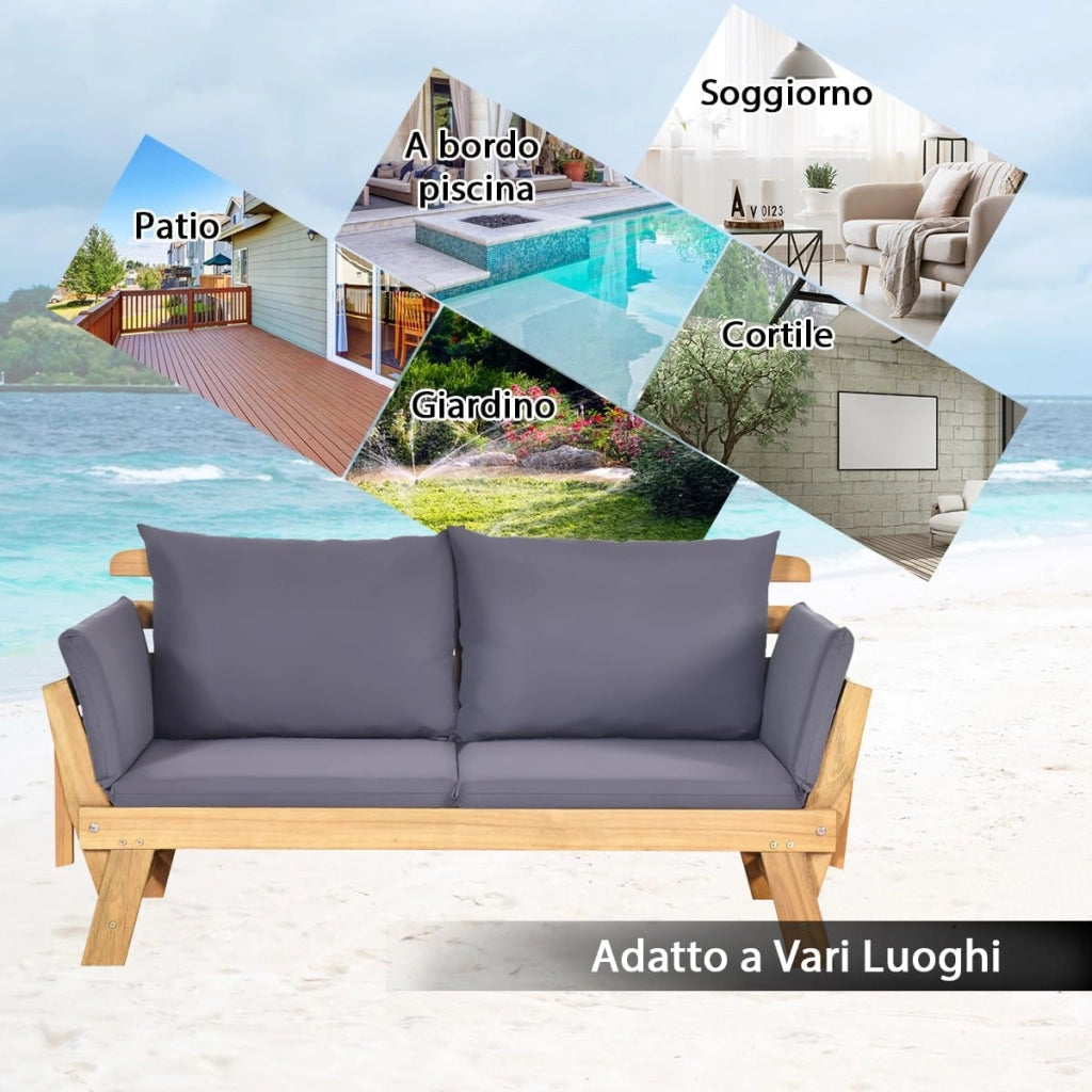 Divano Esterno a 2 Posti, in Legno di Acacia, Lettino Giardino con Braccioli Regolabili, Sdraio da Giardino con Cuscini, Chaise Longue per Giardino, Piscina, Cortile (Grigio)