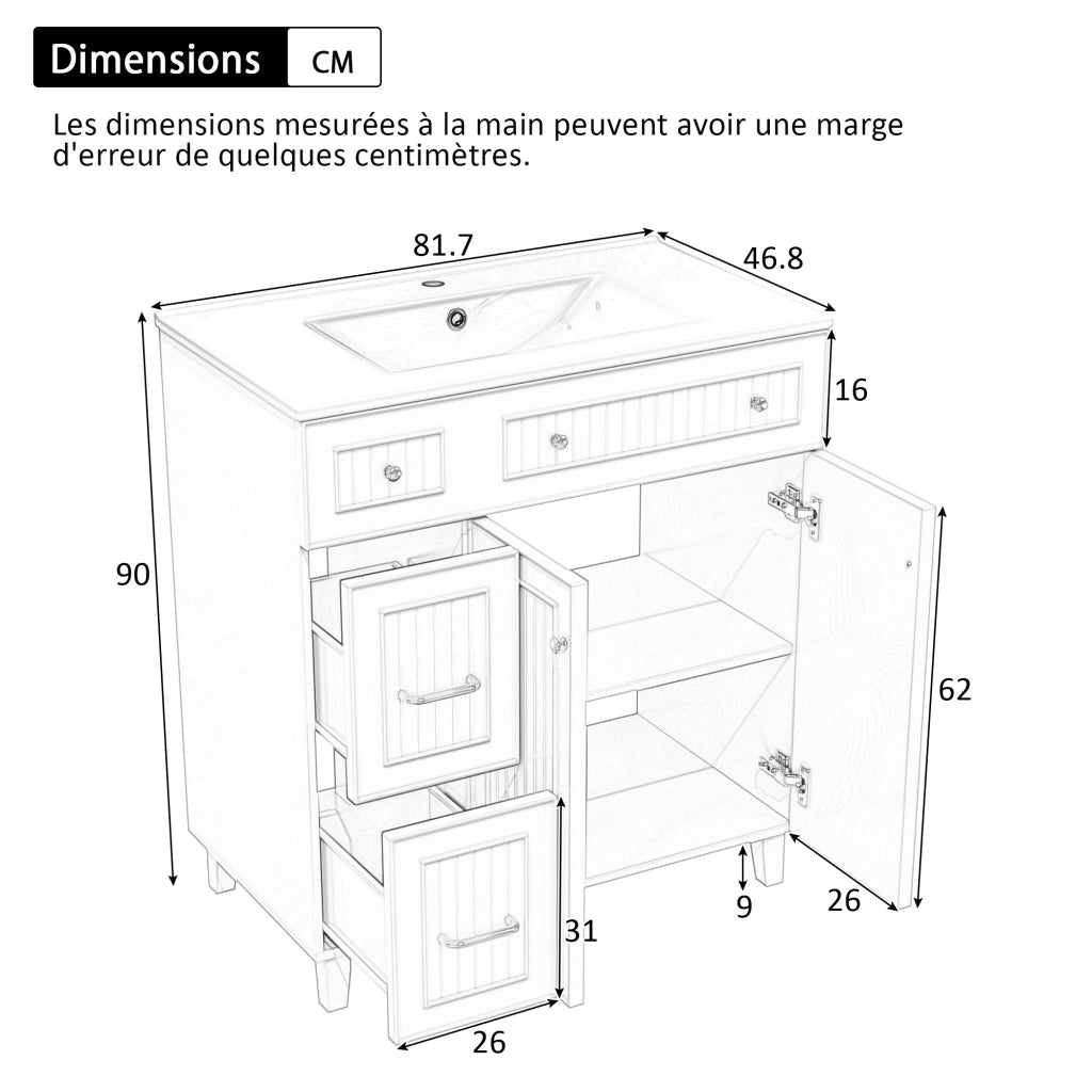 Mobile sottolavabo con lavabo in ceramica e più cassetti, per bagno, in MDF laccato verde 81,7 cm