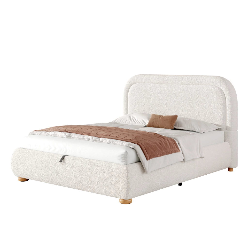 Letto contenitore imbottito 160x200 cm con sollevamento idraulico; rete a doghe; rivestimento bouclé; beige