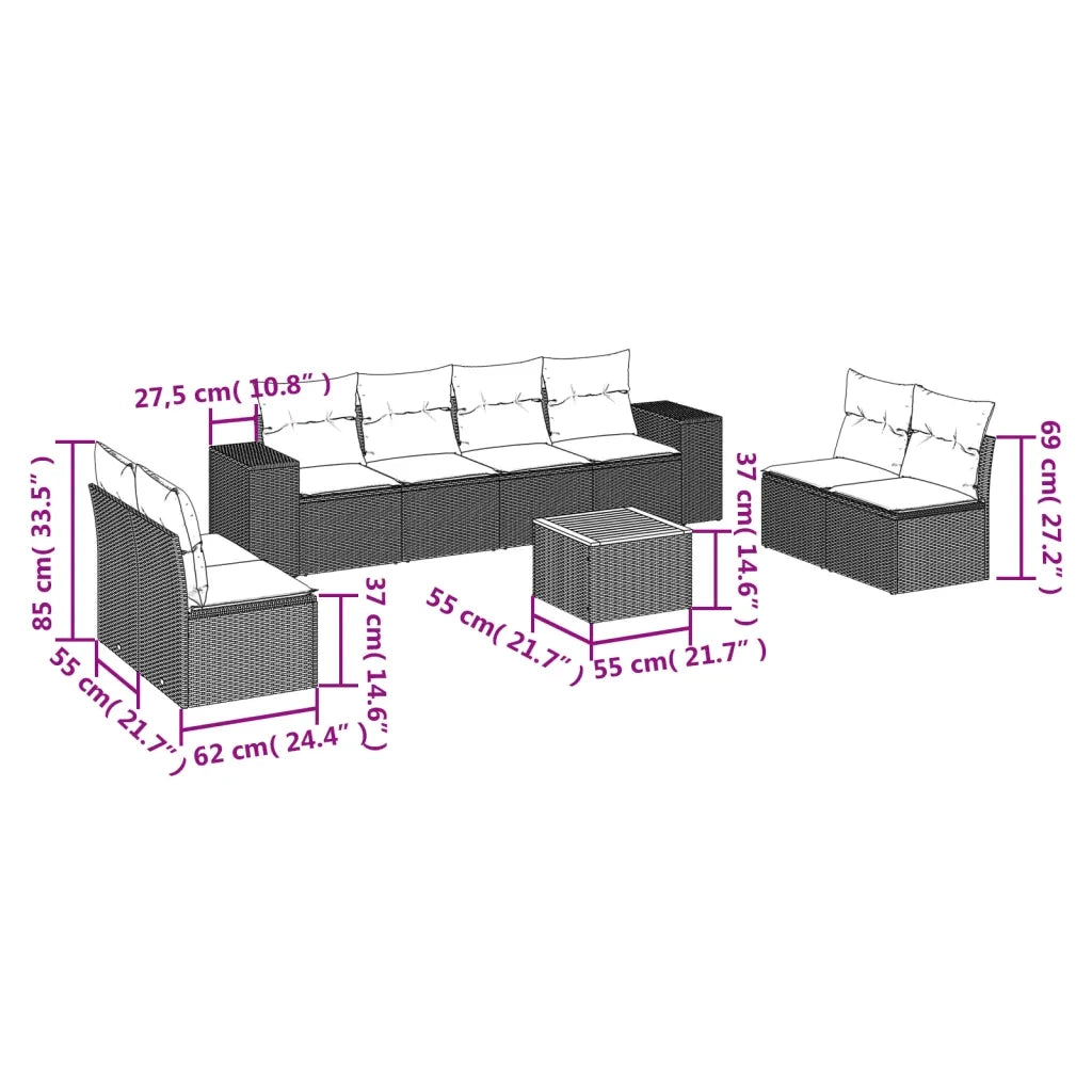 Set Divano da Giardino 9 pz con Cuscini Beige in Polyrattan