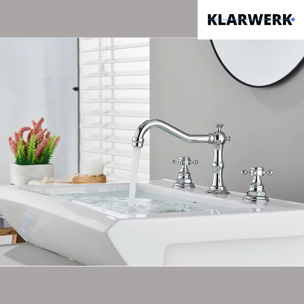JULIAN | Rubinetto da bagno vintage a 3 fori cromo lucido Lavello in acciaio inossidabile retrò premium | Antico miscelatore 2 maniglie argento