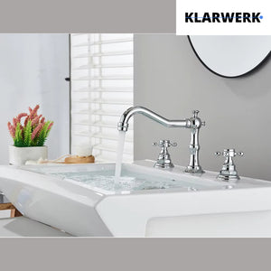 JULIAN | Rubinetto da bagno vintage a 3 fori cromo lucido Lavello in acciaio inossidabile retrò premium | Antico miscelatore 2 maniglie argento